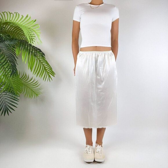 Vintage 90s White Coquette Cottagecore Low Rise Angelcore Midi Slip Skirt / M - Picture 1 of 5
